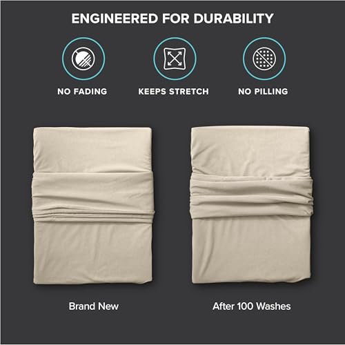 Image of Bare Home Cooling Performance Jersey Knit Stretch Sheet Set, Moisture-Wicking & Breathable, 4-Way Stretch Bed Sheets, Envelope Pillowcases (Full, Sand)