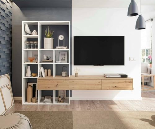 Dmora - Parete attrezzata Wausau, Set da Soggiorno con 3 cassetti, Libreria Salotto Multiuso, 226x28h173 cm, Bianco e Rovere Nodi