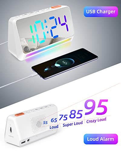 [Mirror] Super Loud Alarm Clock For Bedroom, Heavy Sleepers, Adults | Dynamic Rgb Color Changing Clock For Teens, Kids | Small Bedside Digital Clock With Led Display, Atmosphere Light, Usb Charger #TOP6