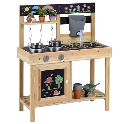 COSTWAY Matschküche Kinder Outdoor, Spielküche Holz mit Wassertank, Herd, Kreidetafel & Spüle, Outdoorküche inkl. Zubehör, Gartenspielzeug für Kinder ab 3 Jahren