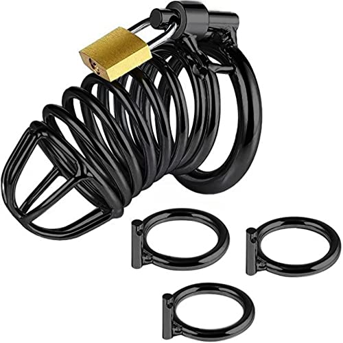 LEQC Chastity cage for Men Steel Chastity Devices Cock cage Male Chastity Belts Penis cage Premium Metal Silver Locked Cage Sex Toy for Men (3 Rings), Lock and 2 Keys Included (Black)