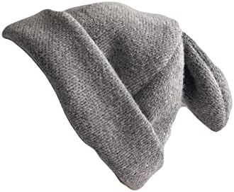 Beret Hats for Women Draping Rabbit Ears Rabbit Fur Beanie Hat Autumn Winter Knitted Dome Octagonal Hat Cute Crochet Caps Grey