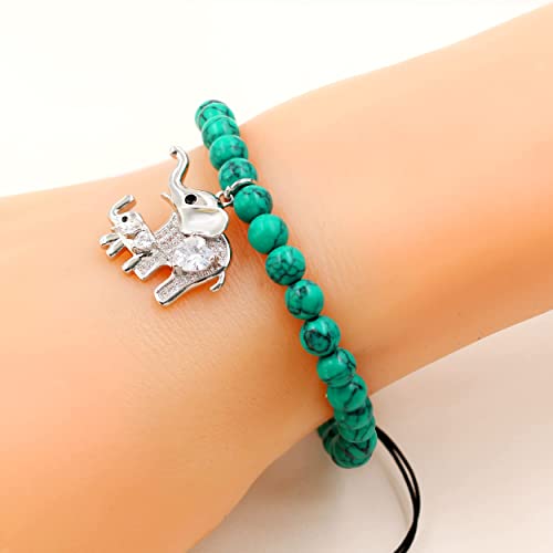 Image of Matte Agate Black Onyx /Turquoise Beads Bracelet, Good Luck Mom and Baby Elephant Bracelet, To My Mom Bracelet Gifts for Mothers Day from Daughter