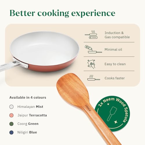 Image of Ember Cookware Arcilla Ceramic Frying Pan 24cm | Non Stick Induction Cookware | Non Toxic Pan | ISI Certified | Ceramic Fry Pan for Cooking | Steel Handle | 5-Year Warranty | Terracotta