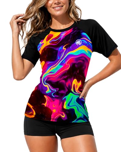 Image of AOBUTE Women Short Sleeve Rash Guard Gradient Sun Protection Swim Shirts