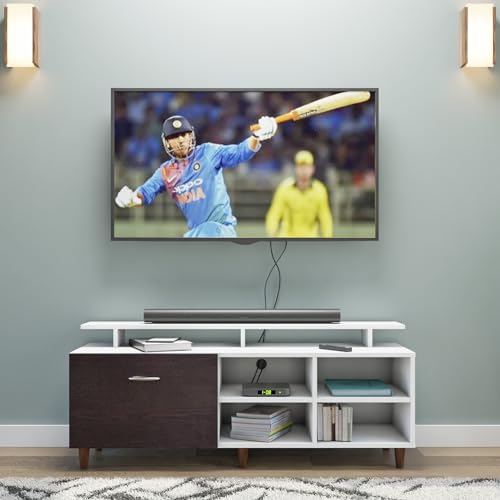 Image of VIKI Modern TV Unit for Living Room | Engineered Wood TV Cabinet with 1 Drawer Storage, 2 Open Shelves & Extension, Entertainment Unit, 140W x 48H x 40D cm | DIY | 1 Year Warranty (White & Wenge)
