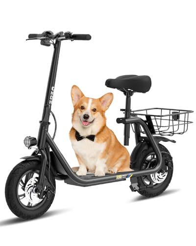 Electric Scooter with Seat ZD06, 800W Peak Motor, 20 Mile Range & 15.5 Mph, Key Start, Foldable E-Scooter with Carry Basket for Pets & Cargo, Electrically-Powered Motor Scooters