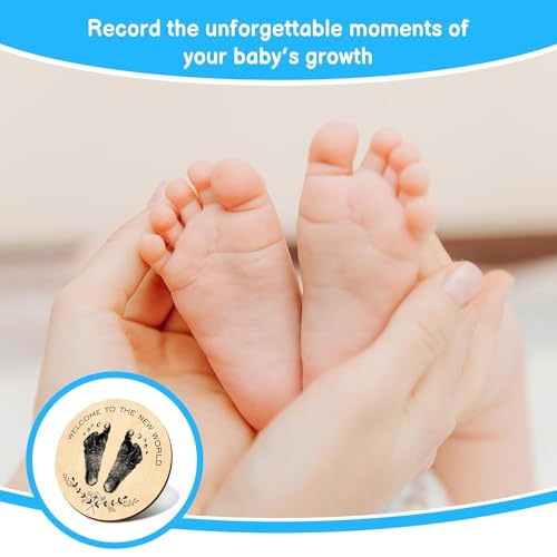 ALMEKAQUZ Baby Announcement Sign, 5.9 Inch Round Baby Nursery Name Signs with Ink Pad for Baby Hand and Footprints Wooden Hello World Newborn Sign for Photo Prop