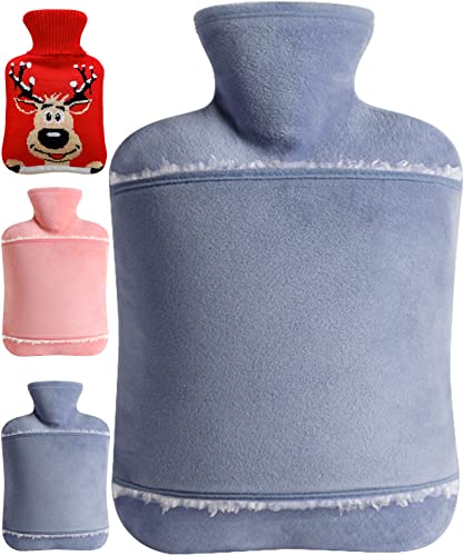 Wärmflasche mit Bezug, Auslaufsicher Wärmeflasche mit Kuschelweichem Bezug, 2l Wärmflasche Groß Xl, BPA Frei PVC Hot Water Bottle, Bettflasche für Erwachsene & Kinder, Ideal für Schmerzlinderung(Grau) Cover