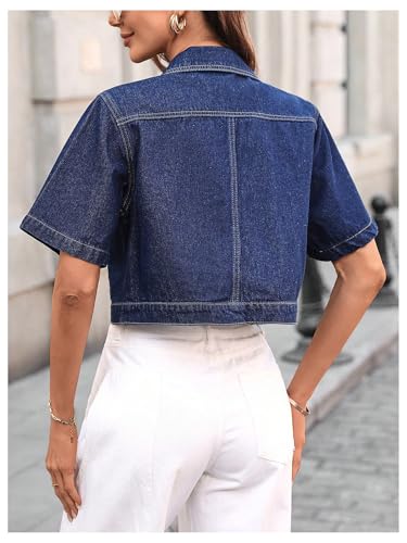 SHENHE Women's Summer Short Sleeve Denim Jacket Button Up Cropped Jean Jacket with Pockets3