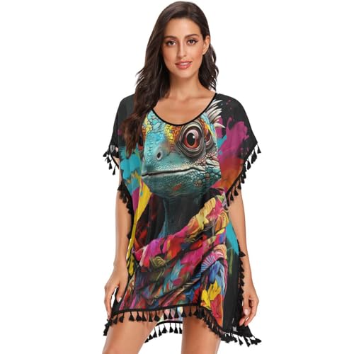 Colorful Dragon Monsters Women's Beach Cover Up Chiffon Tassel Swimwear Swimsuit Coverups for Girl
