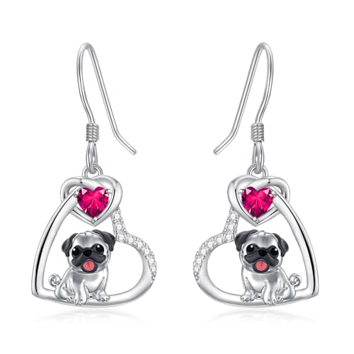 Pug Earrings with Heart Birthstone 925 Sterling Silver Dog Earrings Pug Jewelry Gifts for Women Lover