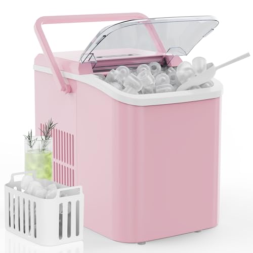 DUMOS Countertop Ice Maker with Handle 26lbs/24H Portable Ice Machine 9 Bullet Cubes Ready in 6 Mins Self-Cleaning Quiet Compact for Home Kitchen RV Camping Pink