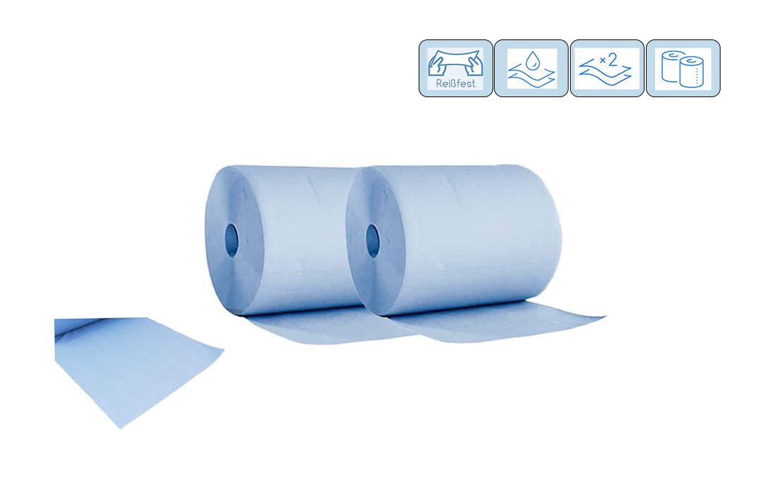 Putzrollen Blau 2-lagig – 2 Rollen à 500 Blatt (1000 Blatt), 36 x 36,5 cm, Industrie Papierwischtücher, saugstark & reißfest, Werkstatt & Gastronomie