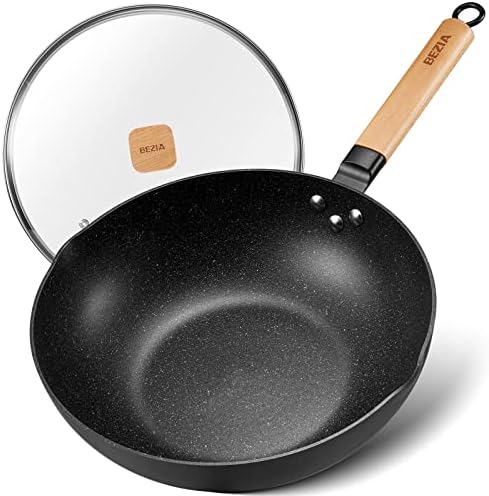 BEZIA Nonstick Wok with Lid, Inductions Wok Pan Non Stick, 12inch Stir-Fry Pan and Non Stick Frying Pan with Detachable Wooden Handle, Compatible All Stoves