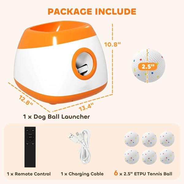 Automatic Dog Ball Launcher for Medium to Large Dogs, 3 Distance Settings & Random Mode, 5200mAh Battery, 98ft Remote Control, Includes 6 ETPU Balls, Orange White