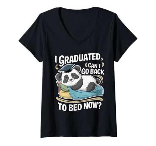 Mujer Me gradué, ¿puedo volver a la cama ahora? Divertido panda de graduación Camiseta Cuello V