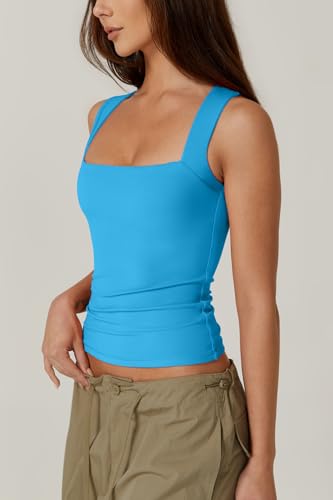 Image of QINSEN Women's Square Neck Sleeveless Double-Layer Tank Tops Basic Tight T Shirts