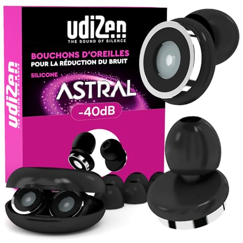 Bouchons d'Oreilles Antibruit pour Dormir Voyager Étudier -40dB UdiZen Astral Réduction du Bruit - 1 Paire de Bouchons Ergonomiques Réutilisables Protection Auditive SNR 40dB Couleur Noire avec Étui