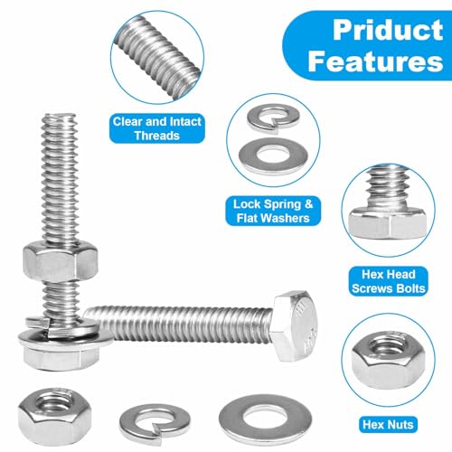Yinpecly 20 Sets 1/4-20 x 2 Hex Head Screw Bolt, Nuts, Flat & Lock Washers, Stainless Steel 304, Machine Fully Thread Hex Bolts, Bright Finish Hexagon Bolt, Nuts and Bolts Assortment Kit - Image 3