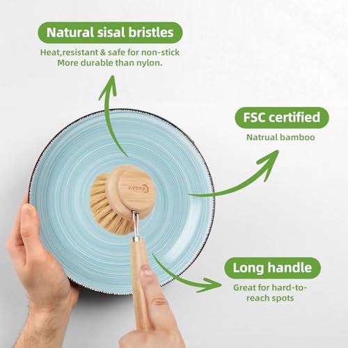 Image of Bamboo Scrub Brush with Handle - Soft Bristles, Non Toxic Dish Brush, Compostable & Biodegradable, Bamboo Dish Scrubber for Cookware, Bowls and Plates, Non-Stick Pans