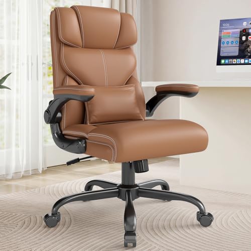 Executive Office Chair with Flip-up Armrests,Ergonomic Computer Desk Chairs,Mid-Tall Back Leather Office Chair,Lumbar Support Swivel PC Chair with Rocking Function
