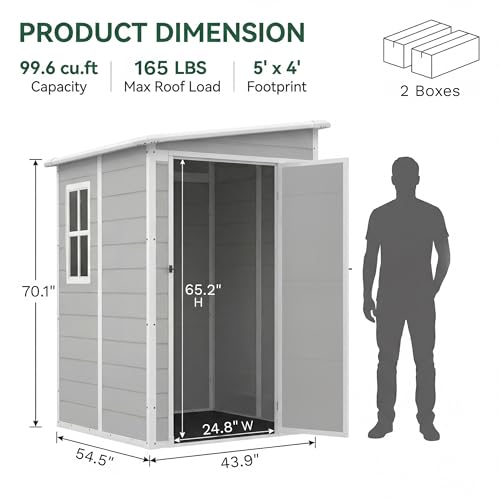 Image of Devoko 5x4 FT Plastic Storage Shed with Floor, Waterproof Resin Outdoor Tool Shed with Lockable Door, Outside Garden Shed for Backyard Patio Lawn, Light Grey