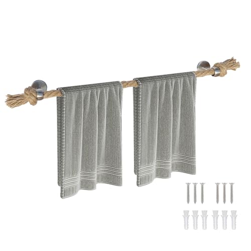 Perfeso.L Nautical Rope Towel Holder - Coastal Towel Rack with Knot Bathroom Decor Wall Mount Towel Bar Bathroom Accessories, Rustic Silver Stainless Steel 26''