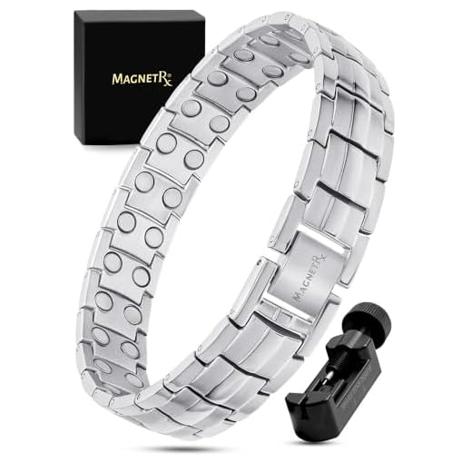 MagnetRX® Ultra Strength Magnetic Therapy Bracelet - Arthritis Pain Relief and Carpal Tunnel Magnetic Bracelets for Men - Adjustable Length with Sizing Tool (Silver)