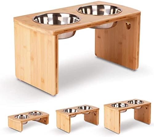 Elevated Dog Bowls, Bamboo Raised Dog Bowl for Large Dogs & Medium Dogs with 2 Stainless Steel Bowls (10'' Tall–48 oz Bowl)