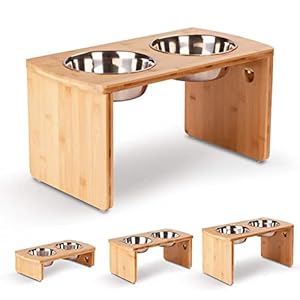 Elevated Dog Bowls, Bamboo Raised Dog Bowl for Large Dogs & Medium Dogs, with 2 Stainless Steel Bowls (10” Tall–48 oz Bowl)