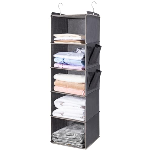BOOMIBOO Hanging Closet Organize and Shelves，5-Hanging Shelf with 2 Side Pockets，Storage Foldable （Grey）