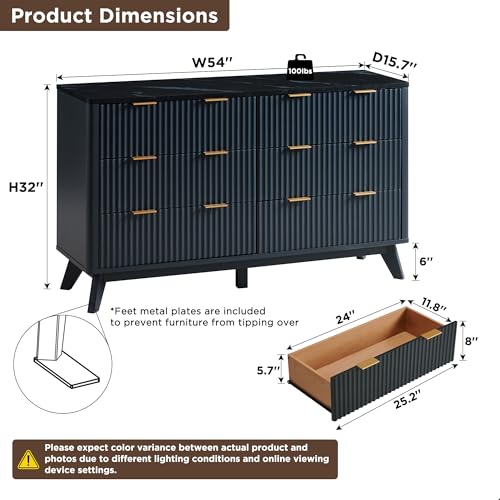 Image of T4TREAM Fluted 6 Drawers Dresser, 54 inch Wide Modern Chest of Drawers with Faux Marble Top, Curved Profile Design, Dresser TV Stand, Wood Drawer Organizer for Bedroom, Living Room, Hallway, Dark Grey