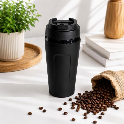 Image of SMAX 450ML Travel Coffee Mug with Lid | Reusable Leak Proof Tea & Coffee Cup for Office, Car & Travel | Portable Vacuum Tumbler for Hot & Cold Drinks | Black