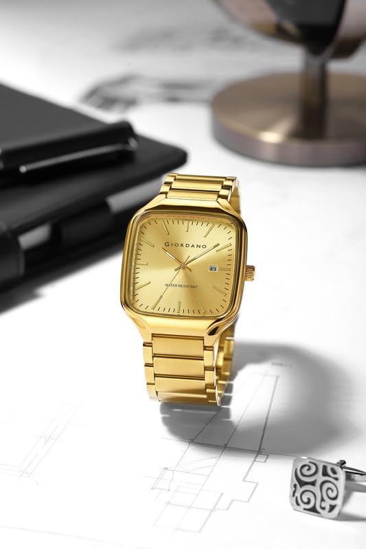 Image of Giordano Analog Watch for Men - Square Dial, Stainless Steel Strap, Date Display, Water Resistant Classic Dress Watch