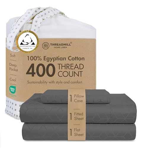 Threadmill Egyptian Cotton Twin Sheet Set | 100% Certified Egyptian Cotton Sheets for Twin Size Bed | Damask Jacquard Twin Bed Sheets Set 15" Deep Pocket | Soft 3 Piece Cooling Sheet Set | Dark Grey