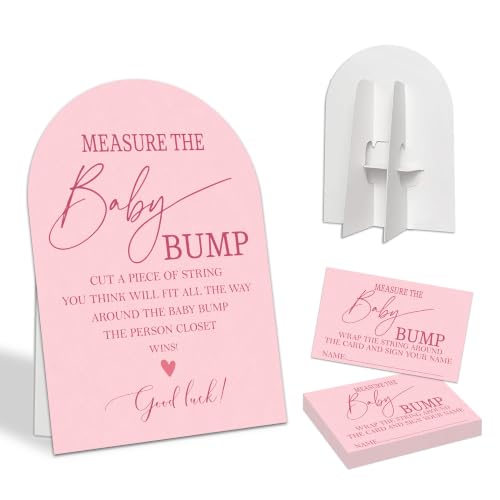 Measure the Baby Bump Game Sign with 50 Guess Cards, Pink Girl Baby Shower Party Activity Set, 7 x 10 Inch Display and 2.1 x 3.5 Inch Cards for Mom to Be, New Parents, Gender Reveal - A04