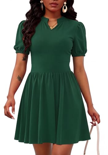 Image of Women's V Neck Summer Dress Puff Short Sleeve Flowy Stretchy Flowy Comfort Fit for Daily Wear Work Midi Casual Dresses