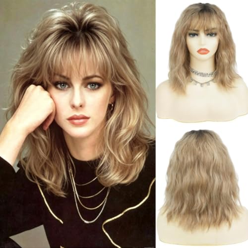 Salaibs Blonde Curly Wig 80s Mullet Wig with Bangs Shoulder Length Wig for Women Feathered Layered Synthetic Wig for Disco Cosplay Daily Wear