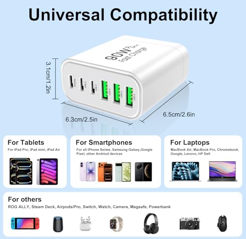 Image of 90W GaN USB C Charger Block [3 Pack],6-Port USB C Wall Charger Fast Charging 45W PD Power Adapter for MacBook Air /iPad Pro /iPhone 17Pro Max /Samsung Galaxy S24 Ultra /Tabs for Home Travel