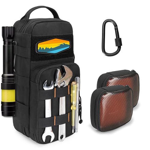 Rexmica Heavy Duty Small Tool Bag Storage with 2 Zipper Pouches, Multi-functional Tactical Molle Tool Organizer Case with Locking Carabiner for Camping, Road Trip, Electricians, EDC, Multimeter Case