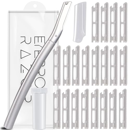 ANDIMEI Professional Dermaplaning Tool Set with 20 Replaceable Stainless Steel Blades, Face Exfoliation Razor for Peach Fuzz Removal, Eyebrow Shaping, All Skin Types (Silver-A)