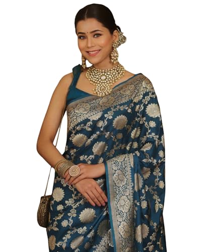 SIRIL Women's Banarasi Saree | Silk Blend Kanjeevaram Jacquard Saree With Unstitched Blouse Piece (3837S423_Teal Blue)