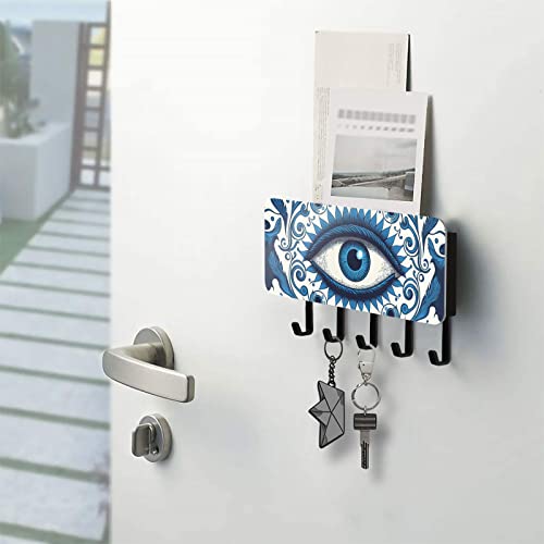 FOLIOSA Key Holder for Wall (Blue Evil Eye), Exquisite Patterns Mail Organizer 7.1×4.1 in 3.3 LB Weight Capacity 5 Key Hooks for Living Room Hallway Bedroom Entrance