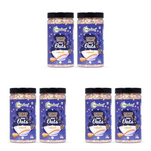 Image of Nutriorg 100% Organic Rolled Oats 1000gm | Pack of 6 | Gluten Free | High protein | Weight loss | Fibre Rich | Easy to Cook | Overnight Oats | Nutritional Breakfast Cereal Oats | Air Tight Plastic Jars