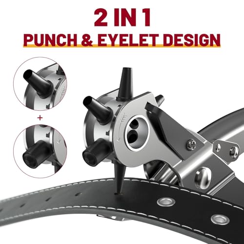 Image of Punch Hole Pliers: Metal Hand Tool with Revolving Heavy-Duty Puncher for Leather Craft, Belts, Watch Bands, Bags, Dog Collars and Fabric