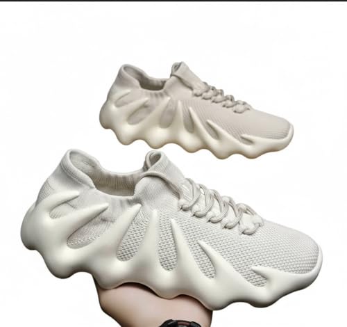 Shoes for Women/Men, Mesh Knit Athletic Sneakers with Wave Platform Sole, Cream White, Lace-up Design2