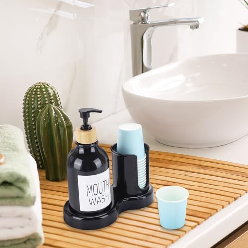 Image of Mouthwash Dispenser for Bathroom, 16oz Plastic Mouthwash Dispenser with Cup Holder and Tray Mouth Wash Bottle Container - Black