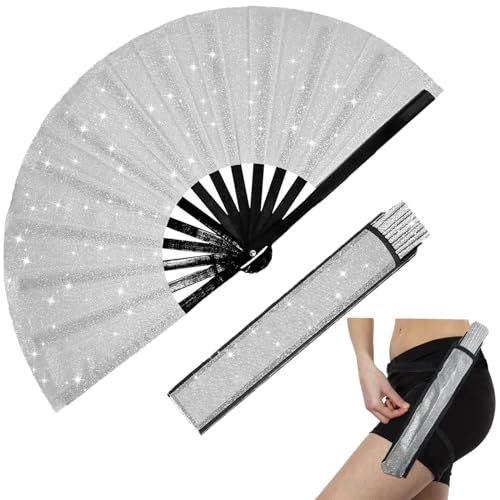 dmjuncong Large Folding Glitter Rave Fan,Clack Handheld Fan with Leg Strap and Fabric Case Bag,for Festivals,Carnival,Rainbow Outfits,Disco Party,Home Decoration and Many Occasions.Silvery