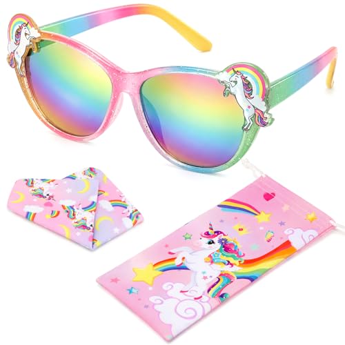 Hifot Unicornio Gafas Sol Niña, Protección UV400 Gafas de Sol Niña 3 Años a 10 Años, con Funda Blanda Unicornio Paños, Ideal para Vacaciones Playa Verano Excursión Disfraz Fiestas de Cumpleaños Bodas